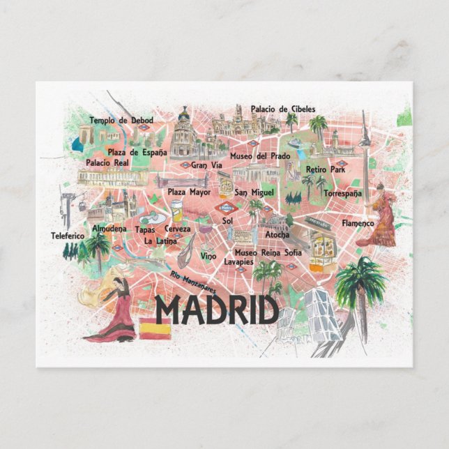Madrid Spain Illustrated Travel Map with Roads  Postcard (Front)