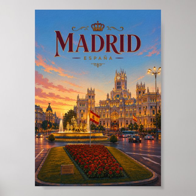 Madrid Spain Plaza de Cibeles Sunset View Poster (Front)