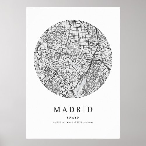Madrid Spain Street Layout Map Poster