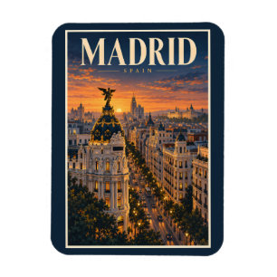 Madrid Spain Sunset Illustration Travel Art Retro Magnet