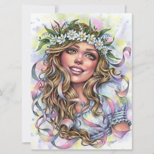 Mae Beltane Spring Maypole Dancer Girl Art Card