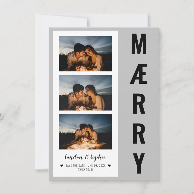 "MÆRRY" Christmas Save the Date Photo | Gray/Black Holiday Card (Front)