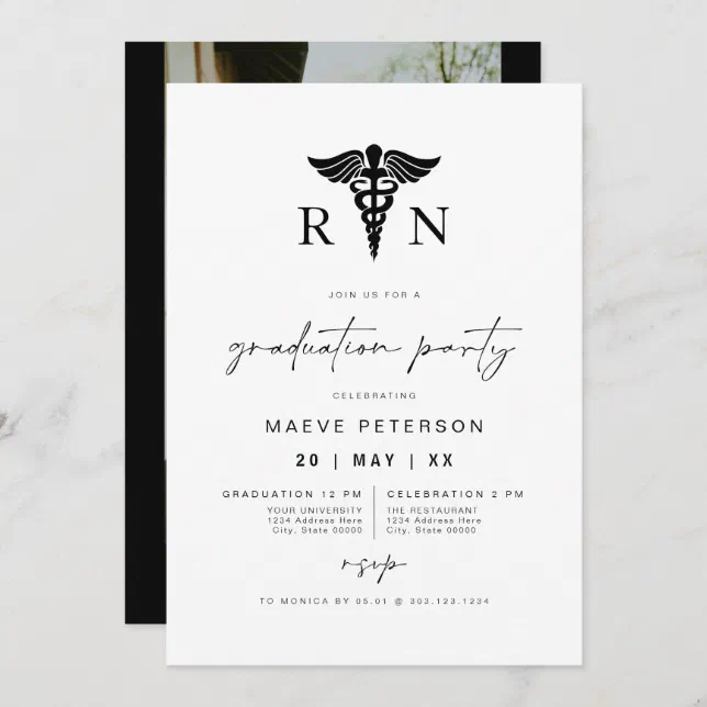 Maeve Black And White Medical Rn Nurse Graduation Invitation 