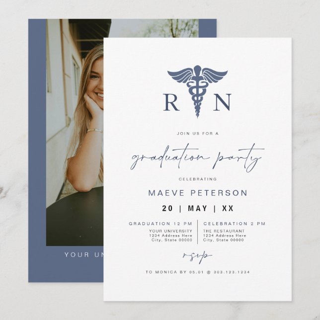 MAEVE Navy Blue Medical RN Nurse Graduation Invitation (Front/Back)