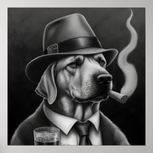 Mafia Dog in Grayscale with a Top Hat and Cigar Poster