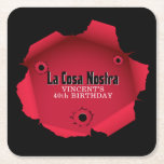 Mafia Themed Square Paper Coaster<br><div class="desc">Mobster Themed, Gangster Party coasters. Designed with your favorite gangster in mind! This party mobster party theme decor is great for adult parties, why should kids have all the fun? Created with a city backdrop and the words "La Cosa Nostra" as any real gangster would say. Customize the text for...</div>