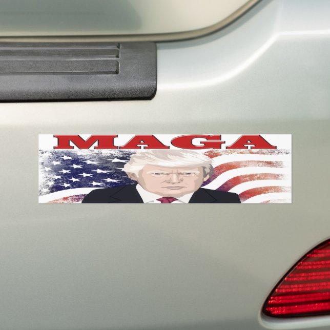MAGA American Flag Trump red text Bumper Sticker (On Car)