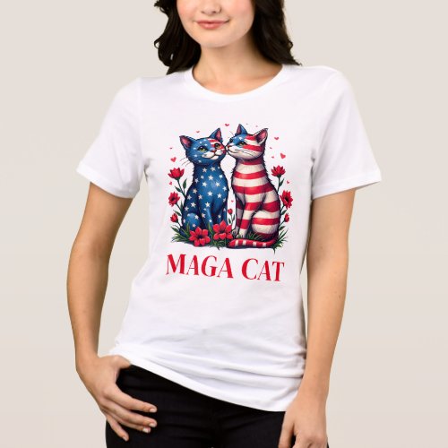 MAGA Cat Trump American Flag and Flowers Patriot Tri_Blend Shirt