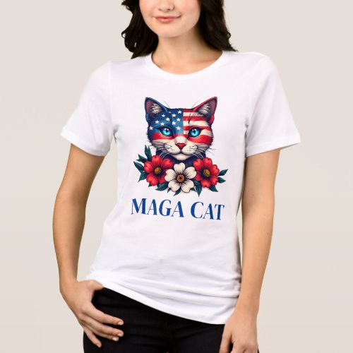 MAGA Cat Trump American Flag and Flowers Patriot Tri_Blend Shirt