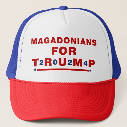 Magadonians For Trump 2024 Red Blue Star Trucker Hat