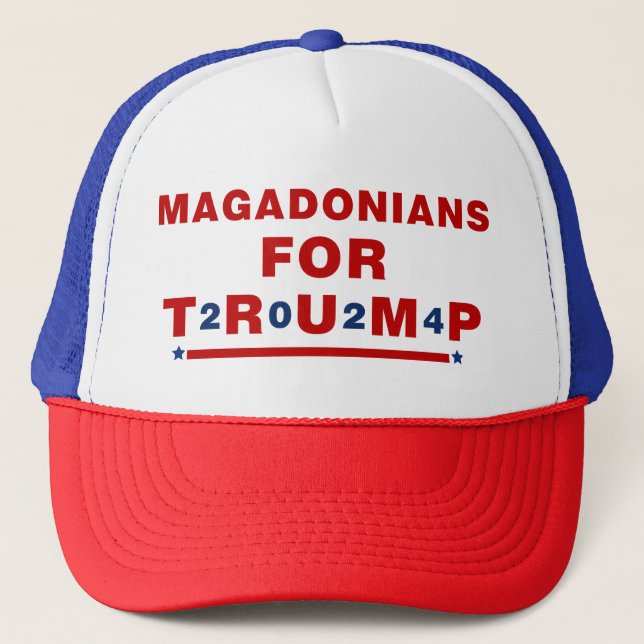 Magadonians For Trump 2024 Red Blue Star Trucker Hat (Front)