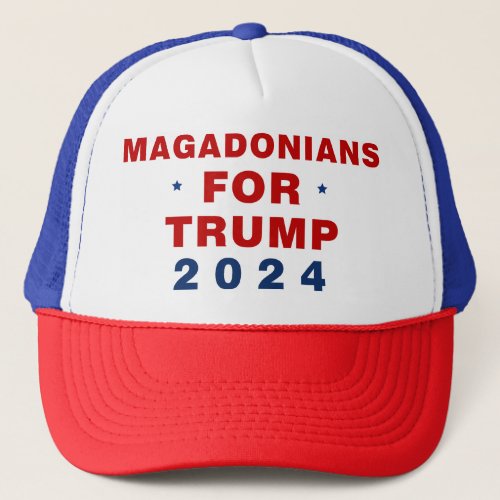 Magadonians For Trump 2024 Red Blue Trucker Hat