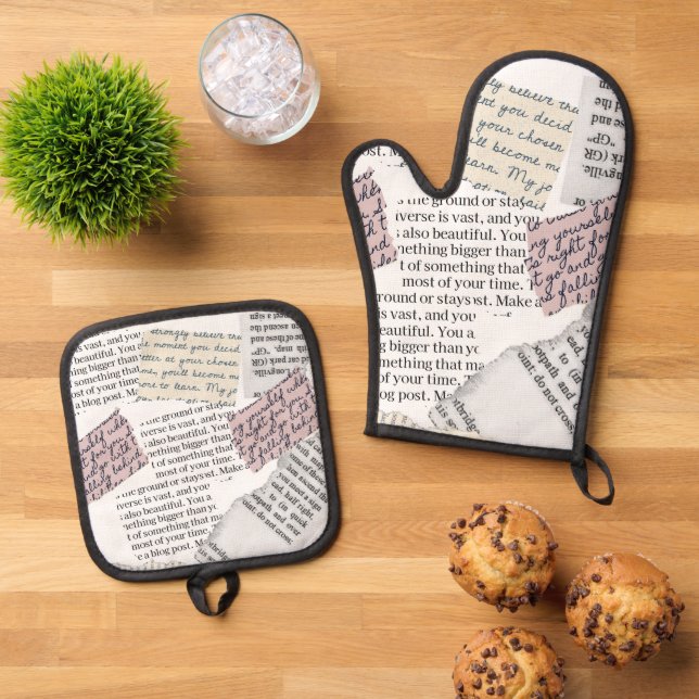 Magazine Aesthetic – Retro Editorial Style Oven Mitt & Pot Holder Set (Top Down)