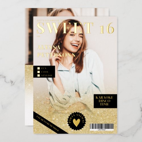 Magazine cover 2 photo gold glitter ombre Sweet 16 Foil Invitation