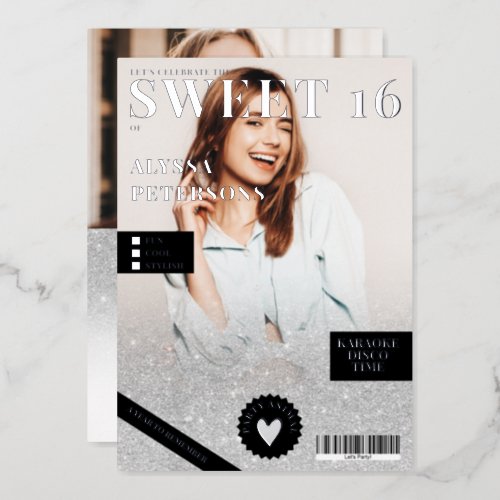 Magazine cover 2 photo silver glitter Sweet 16 Foil Invitation