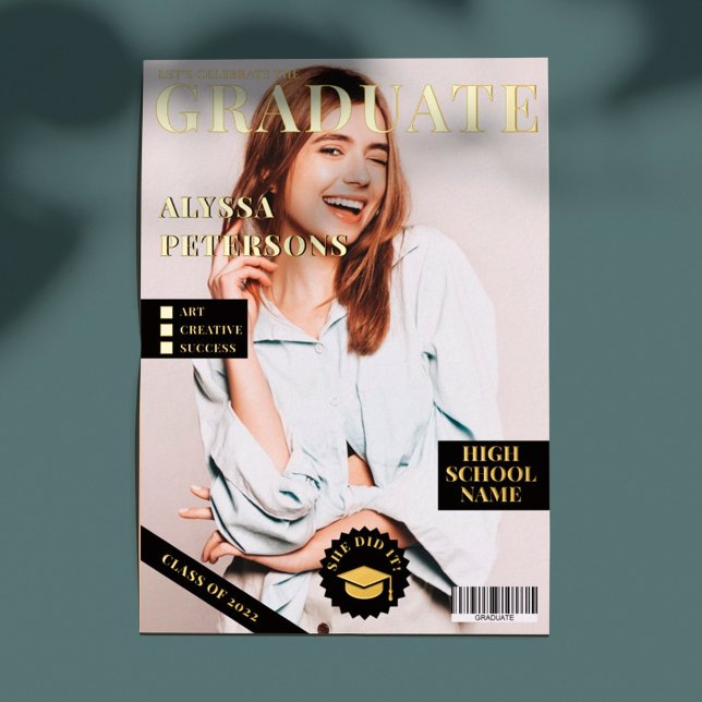 Magazine cover 2 photos black graduation gold foil invitation (Creator Uploaded)