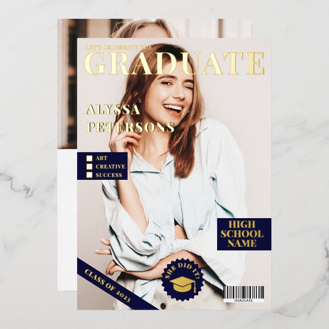 Magazine cover 2 photos blue graduation gold foil invitation (Front/Back)