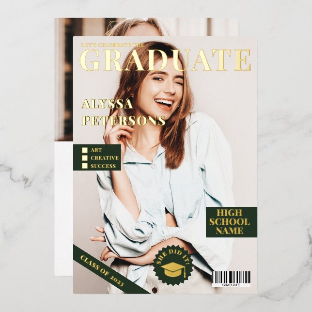Magazine cover 2 photos green graduation gold foil invitation (Front/Back)