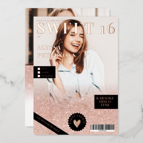 Magazine cover 2 photos rose gold glitter Sweet 16 Foil Invitation