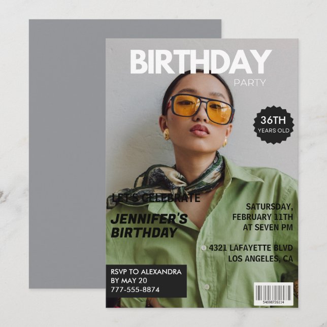 Magazine Cover 36th Birthday Invite – Grey Women’s (Front/Back)