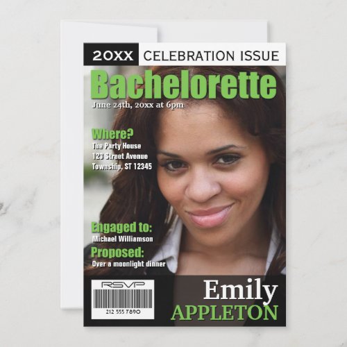 Magazine Cover Green Bachelorette Invitations
