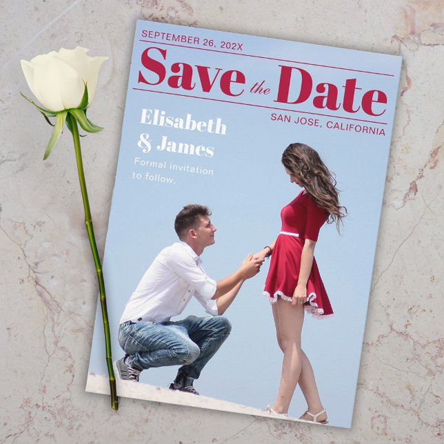 Magazine Cover Modern Red Typography Photo Save The Date (Creator Uploaded)