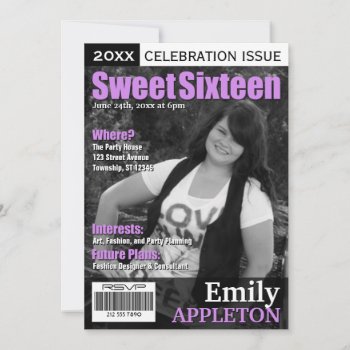 Magazine Cover Purple Sweet Sixteen Invitations by Birthday_Delight at Zazzle