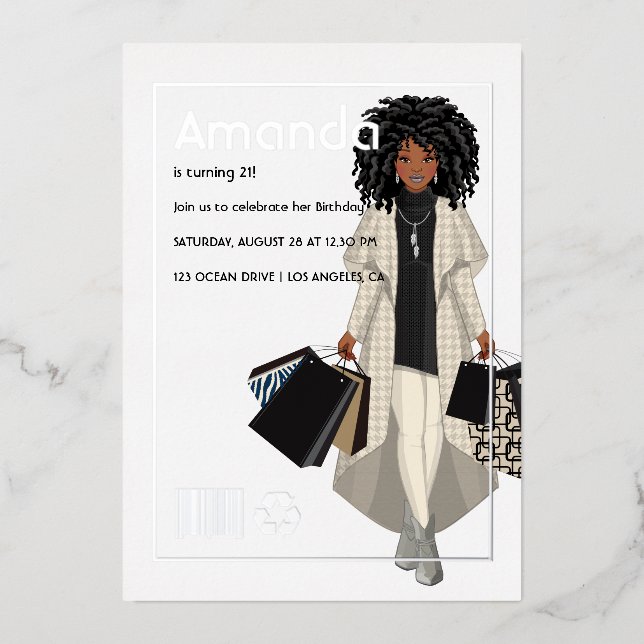 Magazine Cover Shopping Girl Birthday Party Foil Invitation (Front)