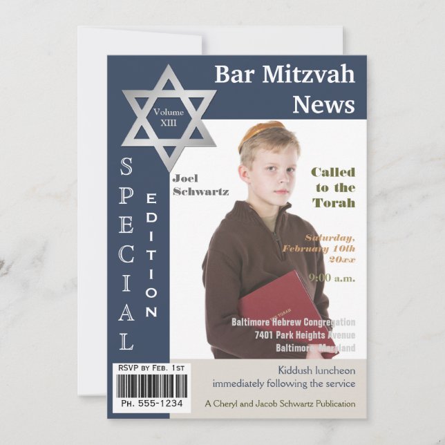 Magazine Cover Style Bar Mitzvah Invitation (Front)