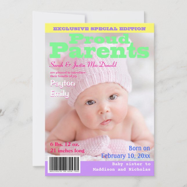Magazine Cover Style Birth Announcement with Photo (Front)