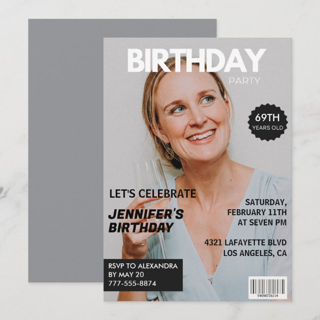 Magazine Cover Stylish for her Photo 69th birthday Invitation (Front/Back)