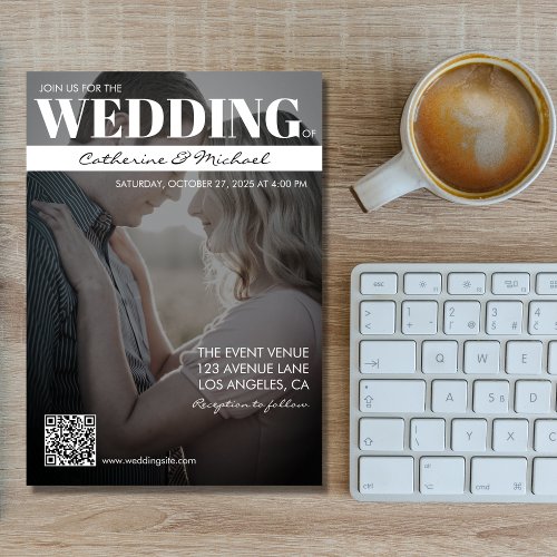 Magazine Cover Trendy Dark Photo QR Code Wedding Invitation