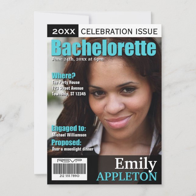 Magazine Cover Turquoise Bachelorette Invitations (Front)
