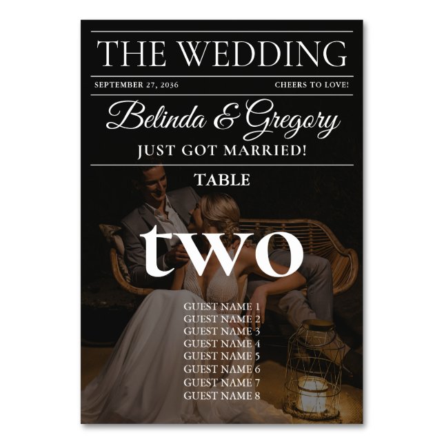 Magazine Editorial Newspaper Photos Wedding  Table Number (Front)