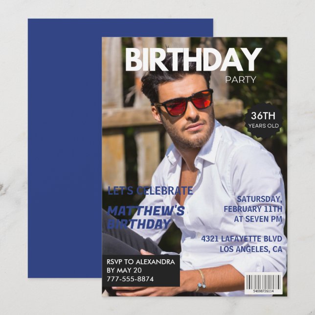 Magazine Navy blue Photo Funny 36th birthday Invitation (Front/Back)