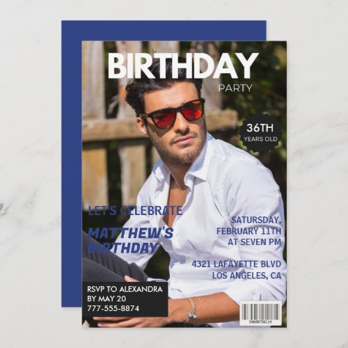 Magazine Navy blue Photo Funny 36th birthday Invitation