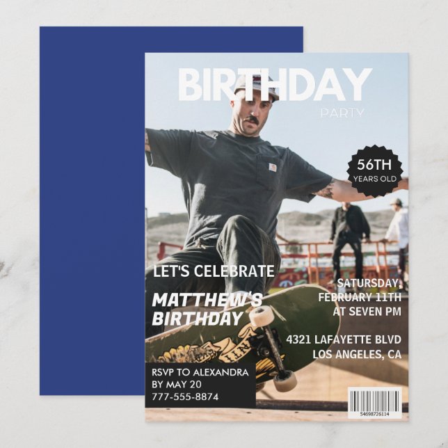 Magazine Navy blue Photo Funny 56th birthday Invitation (Front/Back)
