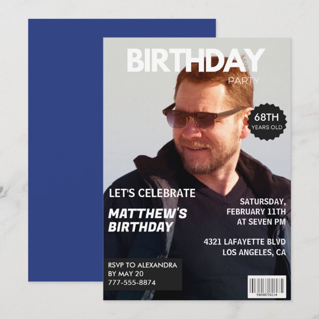 Magazine Navy blue Photo Funny 68th birthday Invitation (Front/Back)
