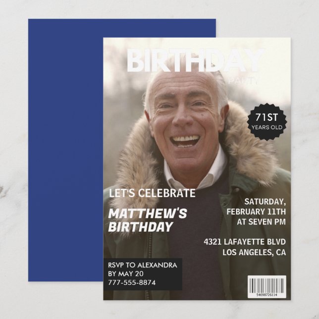 Magazine Navy blue Photo Funny 71st birthday Invitation (Front/Back)
