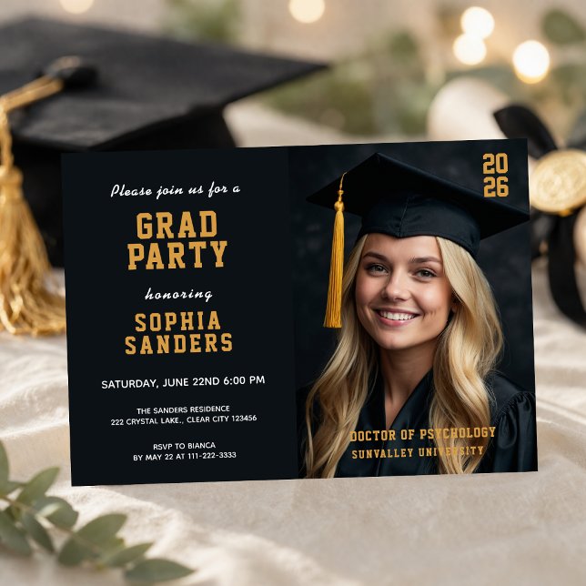 Magazine Style Graduation Photo Invitation (Modern magazine style graduation photo invitation with bold elegant layout)