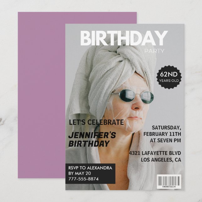  Magazine Stylish Photo 62nd birthday invitations  (Front/Back)