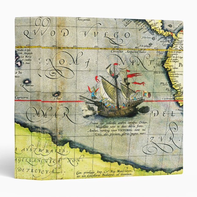 Magellans ship Victoria, Antique Map Pacific Ocean 3 Ring Binder (Front/Spine)