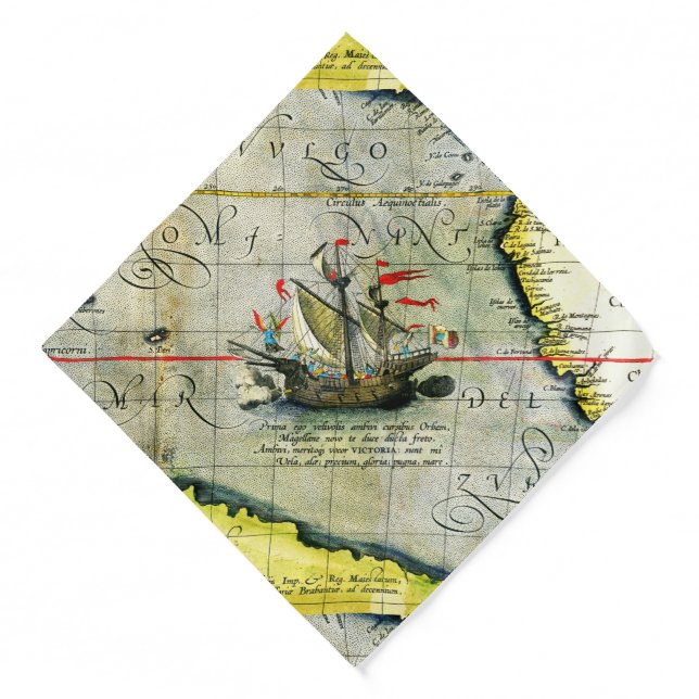 Magellans ship Victoria, Antique Map Pacific Ocean Bandana (Front)