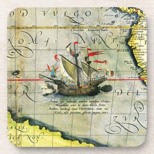 Magellans ship Victoria Antique Map Pacific Ocean Beverage Coaster