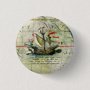 Magellans ship Victoria, Antique Map Pacific Ocean Button