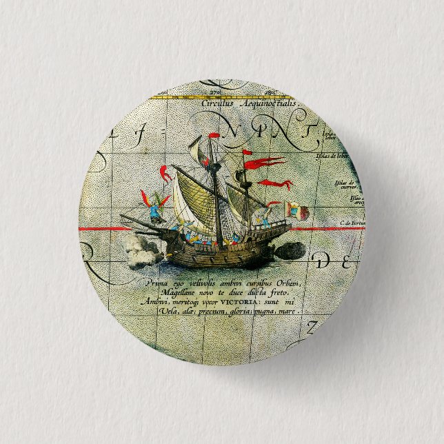 Magellans ship Victoria, Antique Map Pacific Ocean Button (Front)