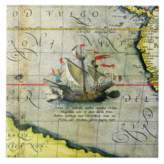 Magellans ship Victoria, Antique Map Pacific Ocean Ceramic Tile