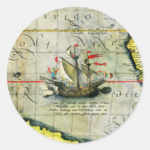 Magellans ship Victoria, Antique Map Pacific Ocean Classic Round Sticker