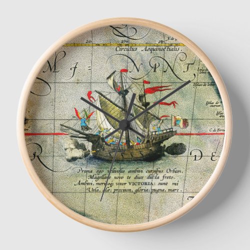 Magellans ship Victoria Antique Map Pacific Ocean Clock