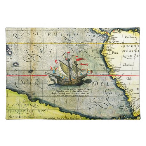 Magellans ship Victoria Antique Map Pacific Ocean Cloth Placemat